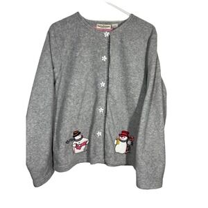 Stephanie Rogers Women's Fleece Cardigan Sweater Holiday Snowman Christmas L